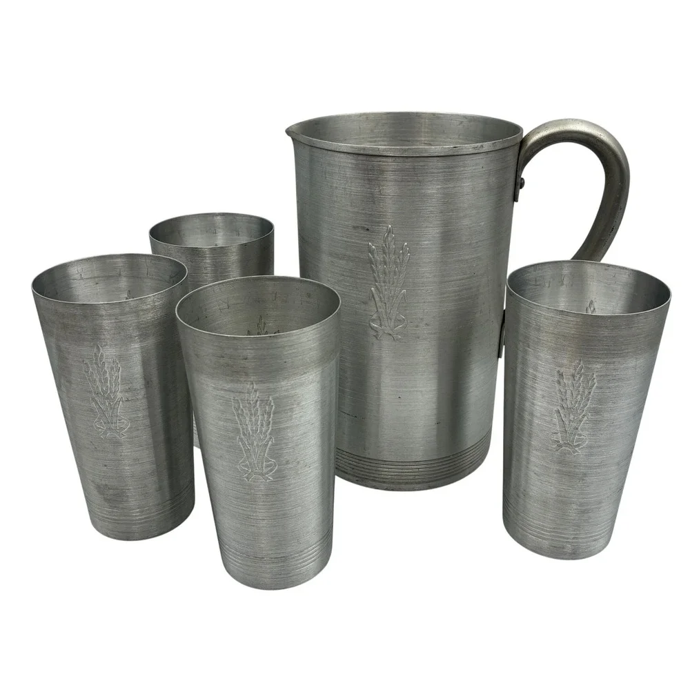 Vintage Aluminum Wheat Pitcher and 4 Tumbler Cup Set Silver Mid Century Modern